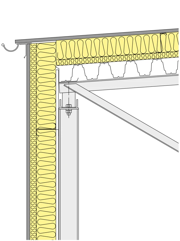 Isolerad byggnad med plåttak och plåtfasad.